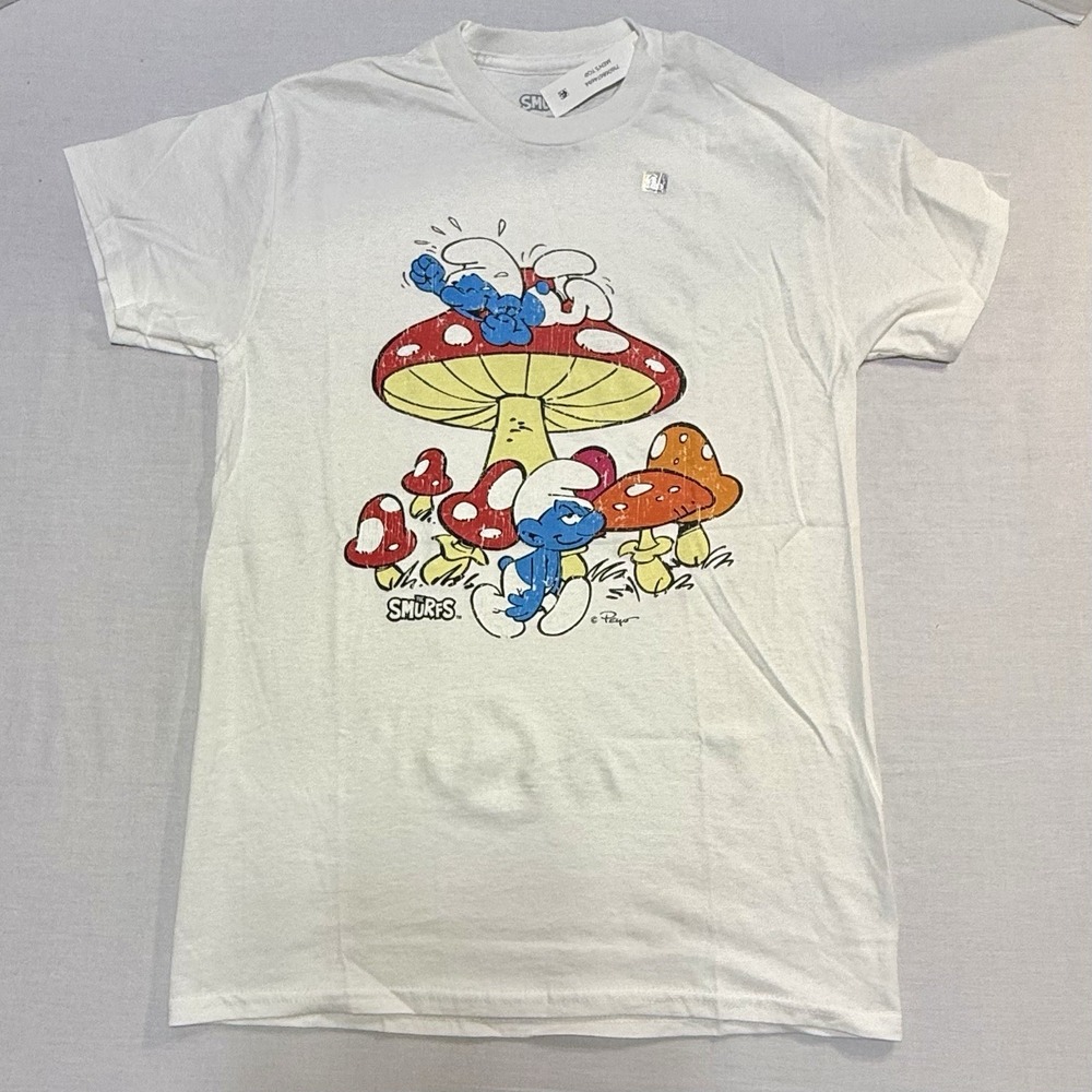Smurfs Mushroom White Tee Men's Small 34-36 Licensed Distressed‎ Graphic NWT